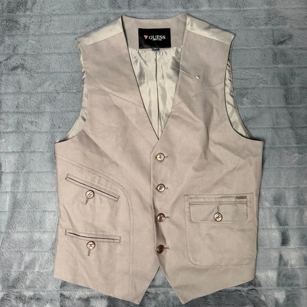 Guess Mens Taupe Grey Cotton Button Front Multi Pocket Waistcoat Vest Medium